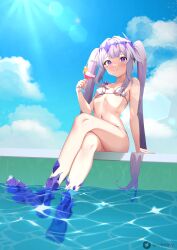 Rule 34 | 1girl, bikini, blush, breasts, crossed legs, crown, drink, feet, gem, highres, holding, holding drink, hololive, hololive english, koseki bijou, long hair, looking at viewer, pool, poolside, purple eyes, sky, small breasts, smile, swimsuit, tongue, twintails, very long hair, virtual youtuber, water, wimmy