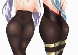 Rule 34 | 2girls, absurdres, ass, ass focus, bare back, black pantyhose, blue hair, bodystocking, bodysuit, breasts, commentary request, from behind, ganyu (genshin impact), genshin impact, head out of frame, highres, keqing (genshin impact), leotard, long hair, multiple girls, natsuki (tyuiojl), out of frame, panties, panties under pantyhose, pantyhose, partial commentary, purple hair, shiny clothes, shiny skin, sideboob, simple background, twintails, underwear, very long hair, white background, white panties
