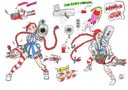Rule 34 | 1girl, alternate costume, alternate hair color, braid, burger, commentary request, cosplay, cup, disposable cup, dress, dual wielding, english text, fang, food, french fries, gatling gun, grin, gun, hair ribbon, highres, holding, jinx (league of legends), ketchup, league of legends, leng wa guo, long hair, looking at viewer, machine gun, minigun, open mouth, pointing, pointing at viewer, red eyes, red hair, ribbon, rocket, rocket launcher, signature, sketch, smile, soda, solo, star (symbol), striped clothes, striped dress, striped thighhighs, thigh strap, thighhighs, twintails, weapon, wendy&#039;s, wendy (wendy&#039;s), wendy (wendy&#039;s) (cosplay)