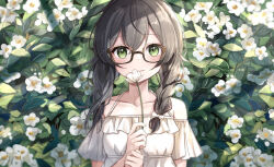 Rule 34 | 1girl, bare shoulders, blush, bow, braid, brown-framed eyewear, brown hair, cevio, closed mouth, collarbone, covering own mouth, detached sleeves, dot nose, flower, flower focus, glasses, green eyes, hair between eyes, hair bow, halterneck, hanakuma chifuyu, hedge, holding, holding flower, long hair, looking at viewer, noneon319, own hands together, raised eyebrows, shirt, sidelocks, sleeveless, sleeveless shirt, smile, solo, synthesizer v, twin braids, upper body, white bow, white flower, white sleeves