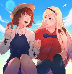 Rule 34 | 2girls, blonde hair, blue sky, brown hair, cape, closed eyes, day, doughnut, dress, eating, emily thompson, food, hat, headband, holding hands, jj macfield, koyorin, long hair, long sleeves, looking at another, multiple girls, red cape, sitting, sky, smile, the missing: j.j. macfield and the island of memories, thighhighs