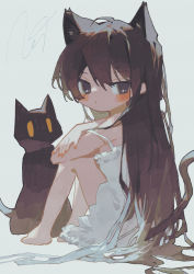 Rule 34 | 1girl, animal ears, bare arms, bare legs, barefoot, blush, brown eyes, brown hair, cat, cat ears, cat girl, cat tail, commentary request, dress, full body, grey background, highres, long hair, looking at viewer, looking back, original, potg (piotegu), signature, simple background, sitting, sleeveless, sleeveless dress, solo, tail, very long hair, white dress