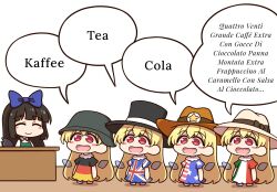Rule 34 | 5girls, :d, alternate costume, alternate headwear, american flag, american flag print, black headwear, blonde hair, blue bow, blunt bangs, blush stickers, bow, chibi, clone, clownpiece, combat helmet, commentary request, cowboy hat, dress, english text, flag print, german flag print, german text, green dress, green headwear, hair bow, hat, helmet, highres, italian flag print, italian text, long hair, multiple girls, multiple persona, open mouth, red eyes, sheriff, shitacemayo, smile, speech bubble, stahlhelm, star sapphire, top hat, touhou, union jack print, white background, white headwear