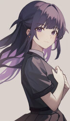 Rule 34 | 1girl, absurdres, blunt bangs, closed mouth, commentary, floating hair, from side, gradient background, grey background, grey jacket, grey skirt, hands on own chest, hands up, highres, jacket, light smile, long hair, looking at viewer, looking to the side, lu guan, pleated skirt, purple eyes, purple hair, school uniform, seishou music academy uniform, short sleeves, shoujo kageki revue starlight, skirt, solo, standing, tsuyuzaki mahiru, two side up, upper body