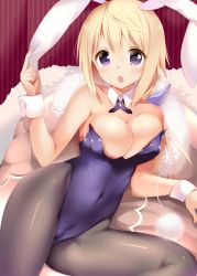 Rule 34 | 10s, 1girl, :o, animal ears, bare shoulders, blonde hair, blush, breasts, cameltoe, charlotte dunois, cleavage, covered navel, detached collar, fake animal ears, fur, hair between eyes, hand on own ear, hitsuji takako, infinite stratos, large breasts, leotard, long hair, looking at viewer, pantyhose, pillow, playboy bunny, purple eyes, rabbit ears, rabbit tail, ribbon, short hair, solo, tail, tkk, wrist cuffs
