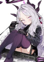 1girl absurdres black_gloves black_skirt blue_archive blush closed_mouth commentary_request demon_girl demon_horns gloves grey_hair gun halo highres hina_(blue_archive) holding holding_leash horns knees_up leash long_hair long_sleeves looking_at_viewer machine_gun mg42 multiple_horns no_shoes pepq purple_eyes purple_thighhighs sitting skirt solo thighhighs transparent_background very_long_hair weapon