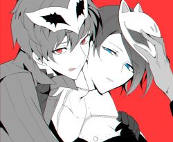 Rule 34 | 10s, 2boys, :p, amamiya ren, blue eyes, domino mask, gloves, kitagawa yuusuke, licking lips, male focus, mask, mask on head, monochrome, multiple boys, multiple monochrome, nekoneko765, persona, persona 5, red background, red eyes, simple background, spot color, tongue, tongue out, upper body