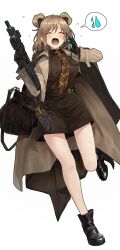 Rule 34 | 1girl, absurdres, bag, black choker, black footwear, black gloves, blush, boots, breasts, brown coat, brown necktie, brown shirt, bullpup, cellphone, chain, choker, closed eyes, coat, commentary, commission, double bun, earrings, english commentary, fang, full body, girls&#039; frontline, gloves, gun, hair bun, highres, holding, holding gun, holding phone, holding weapon, jewelry, large breasts, light brown hair, necktie, official alternate costume, open mouth, p90, p90 (girls&#039; frontline), p90 (the girl from b.e.l) (girls&#039; frontline), personal defense weapon, phone, pixiv commission, sd bigpie, shirt, simple background, smartphone, solo, speech bubble, spoken sweatdrop, submachine gun, sweat, sweatdrop, weapon, white background