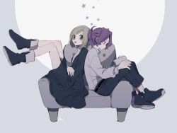 Rule 34 | 1boy, 1girl, :d, back-to-back, belt, black dress, black footwear, black pants, boots, closed mouth, couch, dress, green eyes, grey background, highres, long sleeves, looking at viewer, maco22, open mouth, original, pants, profile, purple hair, shirt, shoes, short hair, signature, simple background, sitting, smile, star (symbol), two-tone background, white background, white shirt