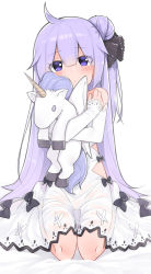 Rule 34 | 1girl, absurdres, ahoge, azur lane, bad id, bad pixiv id, bed sheet, commentary request, hugging doll, dress, hair bun, hair ribbon, highres, long hair, looking at viewer, noria, hugging object, one side up, purple eyes, purple hair, ribbon, simple background, single hair bun, sitting, solo, unicorn (azur lane), wariza, white background, white dress