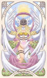 Rule 34 | angel, angel girl, angewomon, belt, covered eyes, digimon, highres, mask, wings