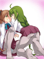 Rule 34 | 10s, 2girls, ahoge, akigumo (kancolle), bad id, bad pixiv id, blue eyes, blunt bangs, bow, braid, brown eyes, cameltoe, feet, green eyes, green hair, grey legwear, grin, hair bow, hand on another&#039;s cheek, hand on another&#039;s face, highres, kakiha makoto, kantai collection, kneeling, long hair, looking at another, mole, mole under mouth, multiple girls, no shoes, panties, panties under pantyhose, pantyhose, pleated skirt, ponytail, single braid, sitting, skirt, smile, soles, thighband pantyhose, toes, underwear, very long hair, yuri, yuugumo (kancolle)