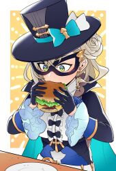 Rule 34 | 1girl, black gloves, black hat, blue bow, blue cape, bow, burger, cape, domino mask, dragalia lost, eating, food, frills, gloves, green eyes, hat, hat bow, highres, holding, holding food, lapis (dragalia lost), long sleeves, looking down, mask, plate, solo, top hat, upper body, white hair, xiafei97
