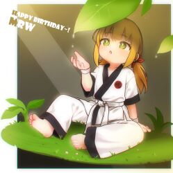 Rule 34 | 1girl, barefoot, belt, blonde hair, border, bright pupils, chinese commentary, commentary request, dew drop, dougi, full body, green eyes, happy birthday, highres, kuma-bound, leaf, low twintails, martial arts belt, on grass, open mouth, original, outside border, pants, sitting, soles, solo, toes, twintails, water drop, white belt, white border, white pants, white pupils