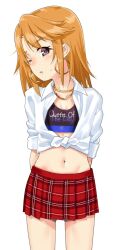 Rule 34 | 1girl, arms behind back, blush, clothes writing, collared shirt, cowboy shot, crop top, earrings, english text, gengorou, grey eyes, highres, hoop earrings, idolmaster, idolmaster cinderella girls, jewelry, long hair, looking at viewer, navel, necklace, one eye closed, orange hair, parted lips, plaid, plaid skirt, pleated skirt, red skirt, shirt, simple background, skirt, sleeves rolled up, solo, sweatdrop, tied shirt, white background, white shirt, yuuki haru