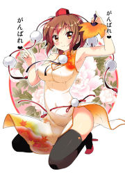 Rule 34 | 1girl, alternate costume, armpits, black thighhighs, blush, breasts, brown eyes, brown hair, china dress, chinese clothes, covered erect nipples, covered navel, dress, flower, full body, geta, hand fan, hat, impossible clothes, impossible dress, kneeling, looking at viewer, no panties, porurin (do-desho), shameimaru aya, short hair, smile, solo, thighhighs, tokin hat, touhou, translation request, white background