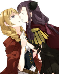 Rule 34 | 2girls, ace attorney, black hair, blonde hair, braid, brown eyes, capelet, cloak, closed eyes, commentary request, corset, darklaw (professor layton vs phoenix wright), epaulettes, espella cantabella, hair ribbon, holding hands, imminent kiss, kenao, multiple girls, one eye closed, parted lips, professor layton, professor layton vs. phoenix wright: ace attorney, red cloak, ribbon, twin braids, upper body, white background, yuri