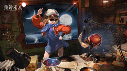 Rule 34 | 1girl, 1other, absurdres, apple, bijian de linghun, blue dress, bow, bowtie, brown hair, chinese commentary, collar, commentary request, crescent moon, dancing, dj, dress, food, fruit, full moon, ghost, highres, microphone, moon, multiple moons, night, night sky, ocean, radio booth, record, regulus (reverse:1999), reverse:1999, scar, sky, studio