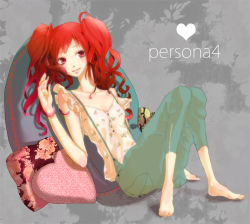 Rule 34 | 1girl, atlus, barefoot, female focus, full body, hoe (dbp), kujikawa rise, persona, persona 4, pillow, red hair, smile, solo, suspenders, twintails