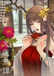 Rule 34 | 1600pommsky, 1girl, antlers, black choker, bracelet, breasts, brown eyes, brown hair, chinese clothes, choker, choppy bangs, corrupted twitter file, cosmetics, dress, earrings, eyeshadow, flower, gem, glint, green nails, hair flower, hair ornament, highres, holding, horns, jar, jewelry, large breasts, lipstick, long hair, makeup, mirror, mole, mole under mouth, original, parted lips, pearl (gemstone), peony (flower), pink flower, pointy ears, red dress, red eyeshadow, red lips, reflection, see-through, see-through dress, shawl, sidelocks tied back, solo, strapless, strapless dress, stud earrings, table, tokoyo (1600pommsky), upper body, vanity table, vase, white shawl, yellow flower