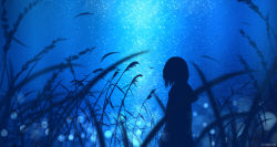 Rule 34 | 1girl, absurdres, blue theme, blurry, bob cut, bokeh, dark, depth of field, grass, highres, hood, hoodie, horizon, light particles, looking afar, looking to the side, moonlight, night, night sky, original, reflection, scenery, short hair, signature, silhouette, sky, skyrick9413, solo, star (sky), starry sky, water
