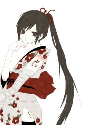 Rule 34 | black hair, blush, japanese clothes, kimono, long hair, nagone mako, ponytail, pug (pixiv), solo, thighhighs, utau, very long hair, vocaloid