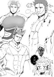Rule 34 | 1girl, 2boys, abs, alternate costume, alternate facial hair, animal ears, bara, beard stubble, bisexual male, blush, boku no hero academia, bssku, chibi, chibi inset, collage, curled horns, endeavor (boku no hero academia), expressionless, facial hair, genderswap, genderswap (mtf), greyscale, hawks (boku no hero academia), highres, horns, large pectorals, looking at viewer, male focus, mature male, monochrome, monsterification, motion lines, multiple boys, muscular, muscular male, pectoral cleavage, pectorals, pointy ears, revealing clothes, scar, scar across eye, scar on face, short hair, sideburns, spiked hair, stubble, tail, tiger tail, translation request, wavy mouth, wolf ears