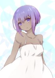 Rule 34 | 1girl, blue background, blush, breasts, cleavage, collarbone, dark-skinned female, dark skin, dress, fate/prototype, fate/prototype: fragments of blue and silver, fate (series), hassan of serenity (fate), head tilt, i.u.y, looking at viewer, parted lips, purple eyes, purple hair, short hair, sidelocks, sleeveless, sleeveless dress, small breasts, solo, strap slip, sundress, tareme, upper body, white dress