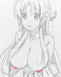 Rule 34 | 1girl, alternate breast size, asuna (sao), bare shoulders, braid, breasts, breasts out, collarbone, drycelll, eyebrows, eyebrows hidden by hair, female focus, french braid, large breasts, long hair, nipples, off shoulder, open mouth, sagging breasts, shiny skin, solo, sword art online, uncensored, very long hair