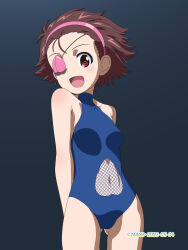Rule 34 | 1girl, blue one-piece swimsuit, blush, breasts, brown hair, eyepatch, girls und panzer, gluteal fold, highres, looking at viewer, momogaa (girls und panzer), naotosi, navel, one-piece swimsuit, open mouth, red eyes, short hair, small breasts, smile, solo, swimsuit