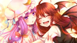 Rule 34 | 2girls, ahoge, blush, closed eyes, colored eyelashes, crescent, crescent hair ornament, demon wings, gradient background, hair ornament, hair ribbon, hat, head wings, heads together, hug, koakuma, long hair, mob cap, multiple girls, open mouth, parted lips, patchouli knowledge, purple eyes, purple hair, red hair, ribbon, robe, shiratama (mofutto), sidelocks, smile, touhou, tress ribbon, upper body, wings