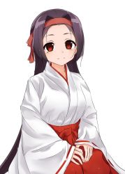 Rule 34 | 1girl, brown hair, closed mouth, commentary request, hakama, hakama skirt, headband, highres, japanese clothes, long hair, long sleeves, looking at viewer, miko, mole, mole under eye, nogi lief, nogi wakaba wa yuusha de aru, parted bangs, red eyes, red hakama, red headband, red ribbon, ribbon, ribbon-trimmed sleeves, ribbon trim, simple background, skirt, sleeves past wrists, smile, solo, uesato hinata, very long hair, white background, wide sleeves, yuusha de aru
