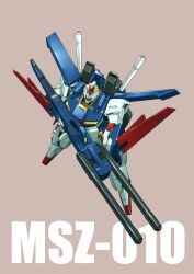 Rule 34 | absurdres, brown background, flying, from above, gun, gundam, gundam zz, highres, holding, holding gun, holding weapon, ishiyumi, mecha, mobile suit, no humans, robot, science fiction, solo, v-fin, weapon, zz gundam