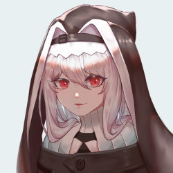 Rule 34 | 1girl, absurdres, arknights, black dress, chinese commentary, commentary request, dress, grey background, habit, hair between eyes, highres, looking at viewer, nun, parted lips, portrait, red eyes, saigoung sakon, short hair, silver hair, simple background, smile, solo, specter (arknights)