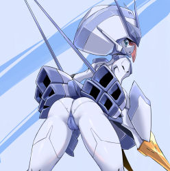 Rule 34 | 1girl, ass, bent over, bikini, blue bikini, cameltoe, cleft of venus, colored skin, covered anus, darling in the franxx, delphinium (darling in the franxx), from behind, green eyes, hat, looking at viewer, looking back, parted lips, pochincoff, robot, sideways glance, solo, swimsuit, thong, white skin