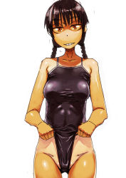 Rule 34 | 1girl, black hair, braid, brown eyes, clothes lift, clothes pull, grin, groin, highres, long hair, looking at viewer, naughty face, one-piece swimsuit, one-piece swimsuit pull, original, school swimsuit, shimimaru, smile, solo, standing, swimsuit, swimsuit lift, tan, tanline, thigh gap, thighs, twin braids, wedgie