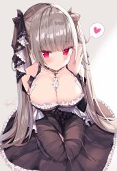Rule 34 | 1girl, azur lane, bare shoulders, between breasts, black dress, blush, breasts, cleavage, commentary request, dress, earrings, formidable (azur lane), frilled dress, frills, grey hair, hair ribbon, heart, highres, jewelry, large breasts, long hair, long sleeves, looking at viewer, red eyes, ribbon, sinobi illust, sitting, solo, speech bubble, symbol, twintails, two-tone dress, two-tone ribbon, very long hair, white legwear