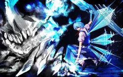 Rule 34 | 1girl, blue bow, blue eyes, blue hair, bow, cirno, hair bow, ice, ice wings, looking away, parted lips, pianika, red ribbon, ribbon, short hair, solo, touhou, wings