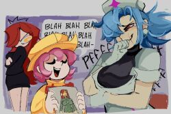 3girls crayon_drawing glaring gloves hat latex latex_gloves mayfrappe multiple_girls nurse nurse_cap paper parasoul_(skullgirls) raincoat skullgirls snicker stifled_laugh tagme umbrella umbrella_(skullgirls) valentine_(skullgirls)