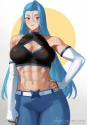 Rule 34 | + +, 1girl, abs, artist name, black eyes, blue hair, blue nails, blue pants, blush, borrowed character, breasts, cleavage, cleavage cutout, closed mouth, clothing cutout, collarbone, commission, elbow gloves, fingerless gloves, gloves, highres, large breasts, long hair, looking at viewer, muscular, muscular female, navel, nhaliz, original, pants, smile, solo, white gloves