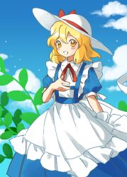 Rule 34 | 1girl, apron, back bow, blonde hair, blue dress, blue sky, blush stickers, bow, cloud, collared shirt, commentary, day, dress, feet out of frame, frilled apron, frills, hand on own chest, hat, hat bow, highres, kaigen 1025, kana anaberal, looking ahead, medium dress, medium hair, neckerchief, open mouth, outdoors, plant, puffy short sleeves, puffy sleeves, red bow, red neckerchief, ribbon, shirt, short sleeves, sky, sleeve ribbon, smile, solo, sun hat, touhou, touhou (pc-98), white apron, white bow, white hat, white ribbon, white shirt, wide brim, yellow eyes