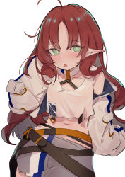 Rule 34 | 1girl, absurdres, arknights, blush, brown hair, collarbone, commentary request, green eyes, grey skirt, highres, jacket, long hair, long sleeves, looking at viewer, myrtle (arknights), navel, off shoulder, open clothes, open jacket, open mouth, parted bangs, pointy ears, puffy long sleeves, puffy sleeves, simple background, skirt, solo, sweat, tank top, very long hair, white background, white jacket, white tank top, yakurope-moko