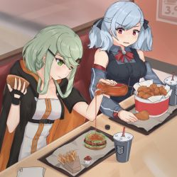 Rule 34 | 2girls, blue hair, breasts, bucket, burger, chicken (food), cup, disgust, disposable cup, drinking straw, eyepatch, fast food, fingerless gloves, food, french fries, fried chicken, girls&#039; frontline, gloves, green eyes, green hair, harlequin-wheels, leaf, maple leaf, maple syrup, multiple girls, pouring, red eyes, restaurant, sauce, spas-12 (girls&#039; frontline), tac-50 (girls&#039; frontline)