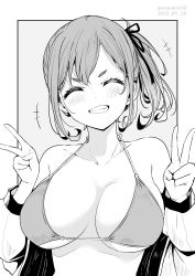 Rule 34 | 1girl, bikini, blush, breasts, character request, closed eyes, copyright request, double v, greyscale, grin, hair ribbon, halterneck, highres, jacket, kichihachi, large breasts, long sleeves, medium hair, monochrome, off shoulder, open clothes, open jacket, ribbon, side ponytail, smile, solo, swimsuit, upper body, v