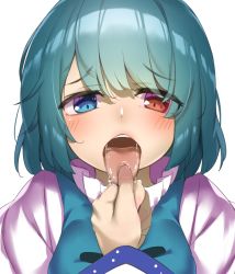 Rule 34 | 2girls, blue eyes, blue hair, blush, commentary request, heterochromia, kochiya sanae, looking at viewer, multiple girls, open mouth, piyodesu, red eyes, saliva, short hair, simple background, tatara kogasa, teeth, tongue, tongue grab, tongue out, touhou, upper body, white background