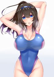 Rule 34 | 1girl, arms behind head, black hair, blue eyes, blue one-piece swimsuit, breasts, cleavage, commentary request, competition swimsuit, cowboy shot, gradient background, hairband, highleg, highleg swimsuit, highres, idolmaster, idolmaster cinderella girls, impossible clothes, impossible swimsuit, large breasts, long hair, looking at viewer, mouth hold, one-piece swimsuit, ponytail, rubber band, sagisawa fumika, sankakusui, smell, solo, standing, swimsuit, taut clothes, taut swimsuit, white background