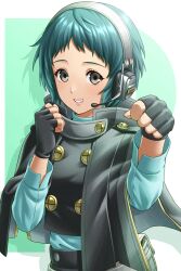 Rule 34 | 1girl, aqua hair, aqua sweater, black gloves, black jacket, black skirt, buttons, clenched hands, commentary request, fingerless gloves, gloves, grey eyes, hands up, headset, highres, jacket, long sleeves, looking at viewer, masatoshi 1219, parted lips, persona, persona 3, persona 3 reload, short hair, skirt, smile, solo, sweater, teeth, turtleneck, turtleneck sweater, upper body, yamagishi fuuka
