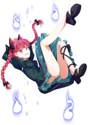 Rule 34 | 1girl, animal ears, braid, cat ears, cat girl, cat tail, dress, fang, female focus, floating, ghost, green dress, highres, hitodama, hovering, kaenbyou rin, legs, multiple tails, nekomata, no socks, open mouth, red eyes, red hair, solo, tail, touhou, tri, twin braids, twintails, upskirt