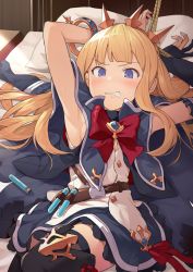 Rule 34 | 1girl, armpits, bed, belt, black gloves, black thighhighs, blonde hair, blue cape, blue eyes, blue skirt, blush, bound, bound wrists, bow, bowtie, bracelet, cagliostro (dark) (granblue fantasy), cagliostro (granblue fantasy), cape, clenched teeth, gloves, granblue fantasy, hairband, hinami (hinatamizu), jewelry, long hair, long sleeves, lying, partially fingerless gloves, pillow, red bow, red bowtie, ribbon, shirt, skirt, solo, spiked hairband, spikes, sweat, teeth, thighhighs, tiara, vial, white shirt