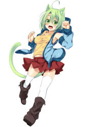 Rule 34 | 1girl, :d, ahoge, animal ears, cat ears, cat tail, detached sleeves, dodome-iro mayonnaise, fang, green eyes, green hair, matching hair/eyes, open mouth, original, sharon (dodomayo), short hair, sleeveless, sleeveless hoodie, smile, solo, tail, thighhighs